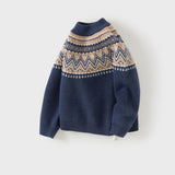Dave&Bella Toddler Boys Navy Jacquard Round Collar Long Sleeve Soft Cozy Wool Blend Sweaters