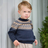Dave&Bella Toddler Boys Navy Jacquard Round Collar Long Sleeve Soft Cozy Wool Blend Sweaters
