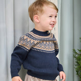 Dave&Bella Toddler Boys Navy Jacquard Round Collar Long Sleeve Soft Cozy Wool Blend Sweaters