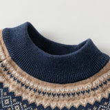Dave&Bella Toddler Boys Navy Jacquard Round Collar Long Sleeve Soft Cozy Wool Blend Sweaters