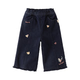 Dave&Bella Toddler Girls Drak Denim Blue Sweet Print Straight Leg Soft Cozy Jeans