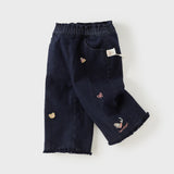 Dave&Bella Toddler Girls Drak Denim Blue Sweet Print Straight Leg Soft Cozy Jeans