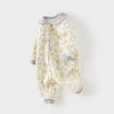 Dave&Bella Baby Girls Beige Floral Print Doll Collar Cozy Comfortable Cotton Rompers