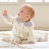 Dave&Bella Baby Girls Beige Floral Print Doll Collar Cozy Comfortable Cotton Rompers