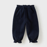 Dave&Bella Toddler Girls Beige/Navy Fleece-Line Cute Bow Tie Comfortable Jogger Pants