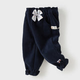 Dave&Bella Toddler Girls Beige/Navy Fleece-Line Cute Bow Tie Comfortable Jogger Pants