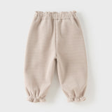 Dave&Bella Toddler Girls Beige/Navy Fleece-Line Cute Bow Tie Comfortable Jogger Pants