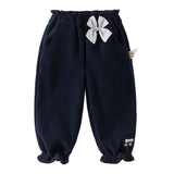 Dave&Bella Toddler Girls Beige/Navy Fleece-Line Cute Bow Tie Comfortable Jogger Pants