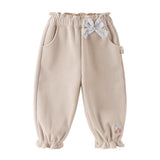 Dave&Bella Toddler Girls Beige/Navy Fleece-Line Cute Bow Tie Comfortable Jogger Pants
