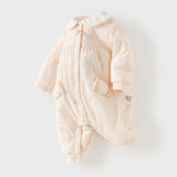 Dave&Bella Baby Girls Beige Doll Collar Thickened Padded Warm Soft Cozy Rompers