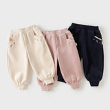 Dave&Bella Toddler Girls Pink/Apricot/Navy Sweet Flower Embroidery Jogger Soft Pants