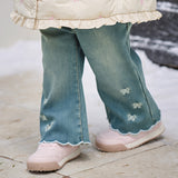 Dave&Bella Toddler Girls Demin Blue Fleece‑Lined Sweet Print Flared Jeans