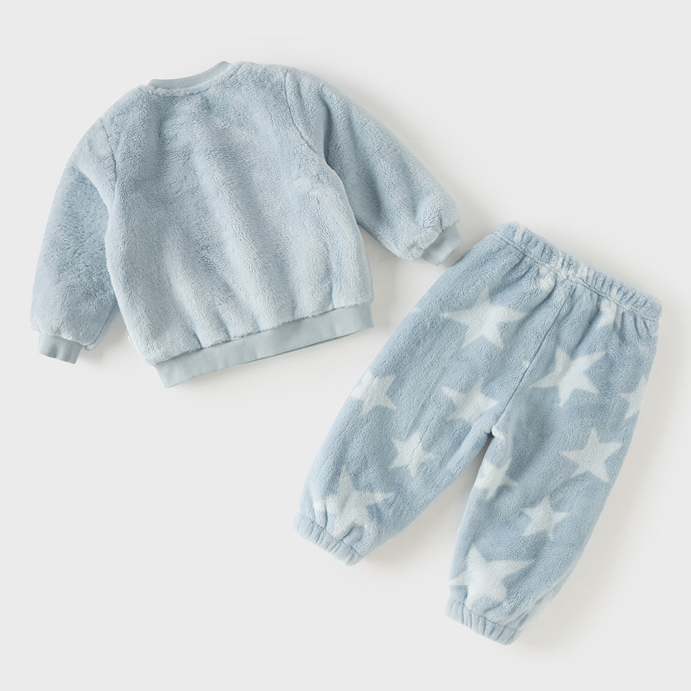 Dave&Bela Toddler Boys Blue Cute Print Fleece Thickened Warm Soft Skin-Friend Pajamas