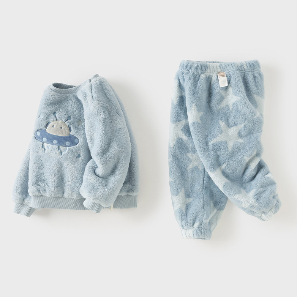Dave&Bela Toddler Boys Blue Cute Print Fleece Thickened Warm Soft Skin-Friend Pajamas