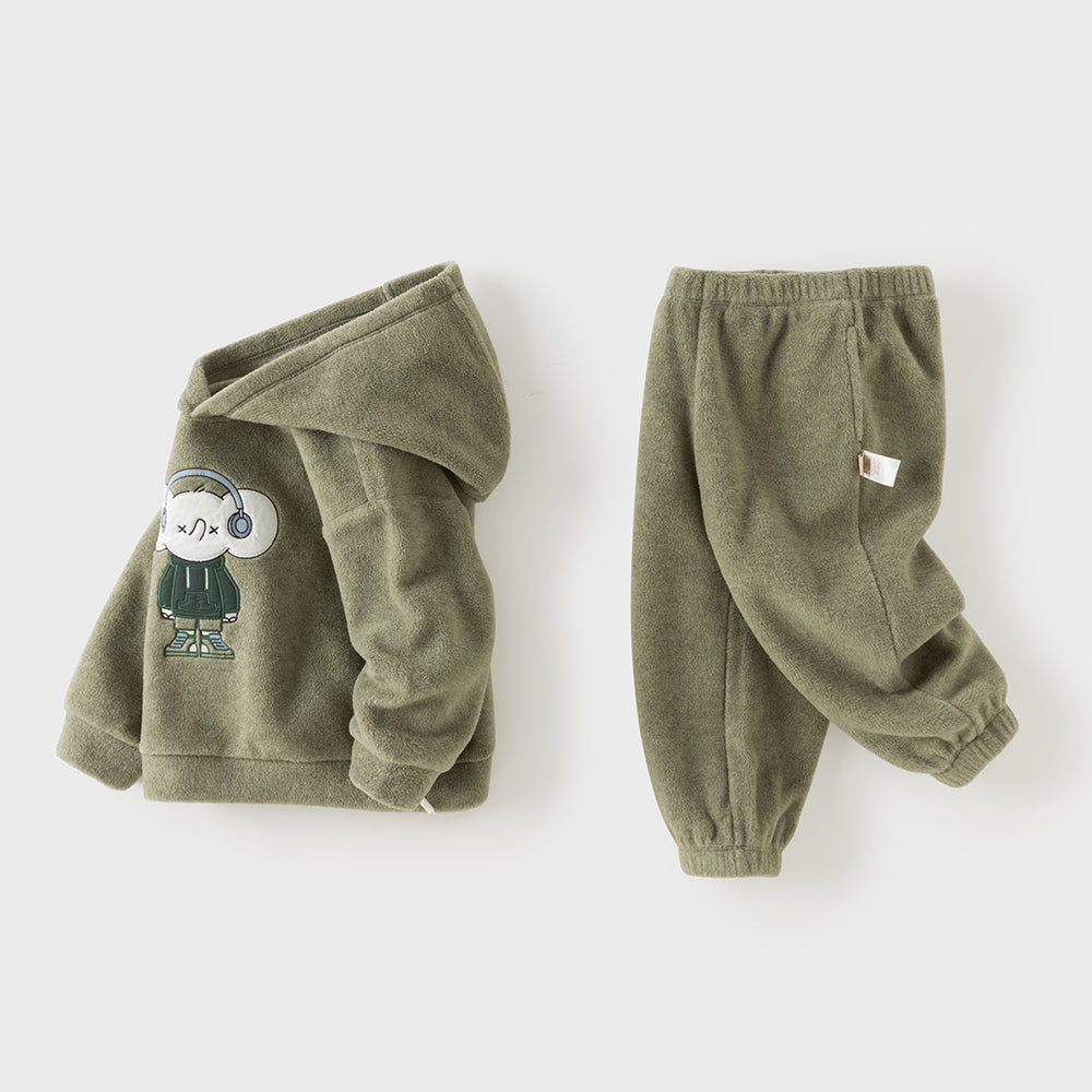 Dave&Bella Toddler Boys Green Hooded Fleece Cute Print Skin-FriendlyPant Suits