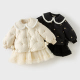 Dave&Bella Toddler Girls Black/Beige Tiny Cute Embroidery Cozy Warm Mesh Down Coats