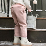 Dave&Bella Toddler Girls Pink/Black/Apricot Sweet Bow Tie Fleece Cozy Flared Pants