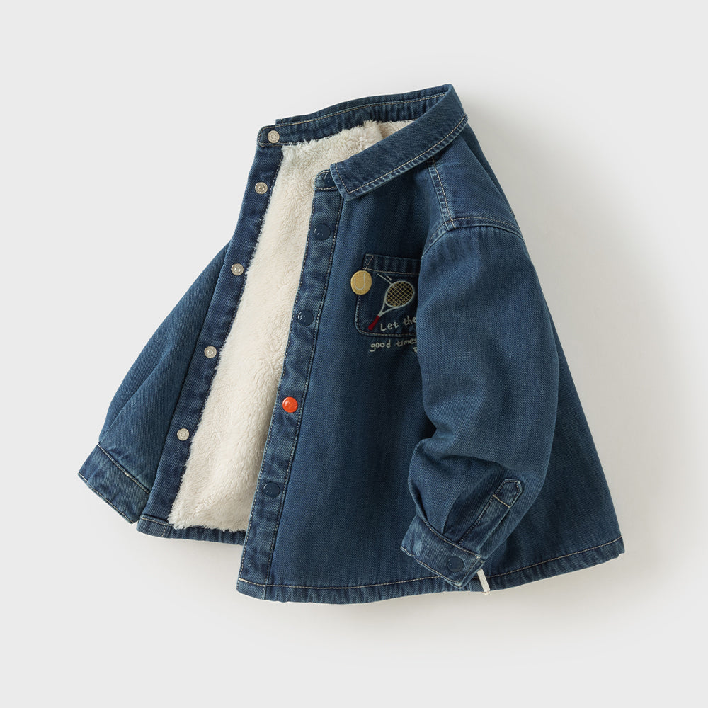 Dave&Bella Toddler Boys Denim Blue Turndown Collar Fleece-Line Warm Cozy Jackets