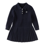 Dave&Bella Kid Girls Navy/Yellow/Pink Polo Collar Soft Cozy Knitted A‑Line Dress