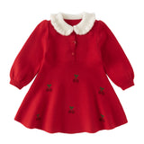 Dave&Bella Toddler Girls Red Doll Collar Cute Cherry Print Cozy Soft A-line Knit Dress
