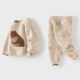 Dave&Bella Toddler Girls Pink/Khaki Cute Rabbit/Bear Print Thickened Warm Pajamas