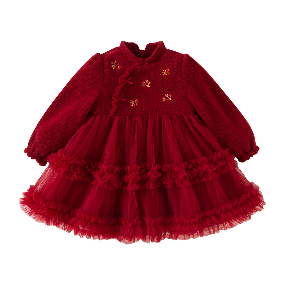 Dave&Bella Toddler Girls Red Floral Embroidery Chinese-Style A-line Tulle Party Thickened Dress
