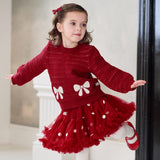 Dave&Bella Toddler Girls Red Fashion Bow Tie Print Mesh Christmas Cozy Skirt Suits