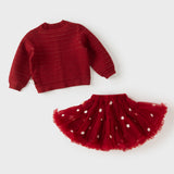 Dave&Bella Toddler Girls Red Fashion Bow Tie Print Mesh Christmas Cozy Skirt Suits
