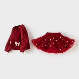 Dave&Bella Toddler Girls Red Fashion Bow Tie Print Mesh Christmas Cozy Skirt Suits