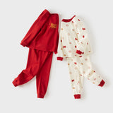 Dave&Bella Toddler Girls/Boys Red/Beige Festive Print Round Collar Soft Cozy Skin-friendly Pajamas