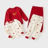 Dave&Bella Toddler Girls/Boys Red/Beige Festive Print Round Collar Soft Cozy Skin-friendly Pajamas