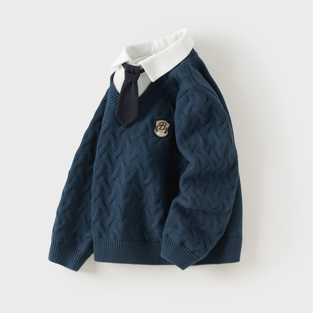 Dave&Bella Toddler Boys Dark Navy Turndown Collar Soft Cozy Preppy Sweaters