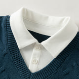 Dave&Bella Toddler Boys Dark Navy Turndown Collar Soft Cozy Preppy Sweaters