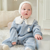 Dave&Bella Baby Boys Grey Blue Doll Collar Cute Penguin Print Breathable Comfortable Rompers