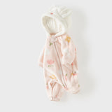 Dave&Bella Baby Girls Pink Floral Print Fleece Soft Comfortable Cotton Hooded Rompers