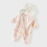 Dave&Bella Baby Girls Pink Floral Print Fleece Soft Comfortable Cotton Hooded Rompers