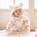 Dave&Bella Baby Girls Pink Floral Print Fleece Soft Comfortable Cotton Hooded Rompers