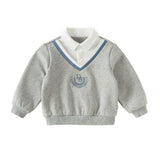Dave&Bella Toddler Boys Grey Preppy Faux Two‑Piece Classic Fleece Cozy Sweatshirts