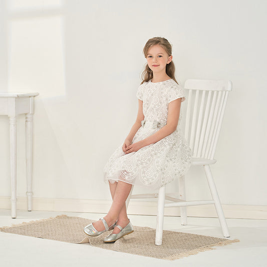 Dave&Bella Kids Girls Summer Elegant Beige Embroidered Haute Couture Mesh Dress