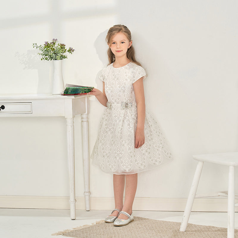 Dave&Bella Kid Girls Summer Elegant Beige Embroidered Luxury Couture Tulle Dress