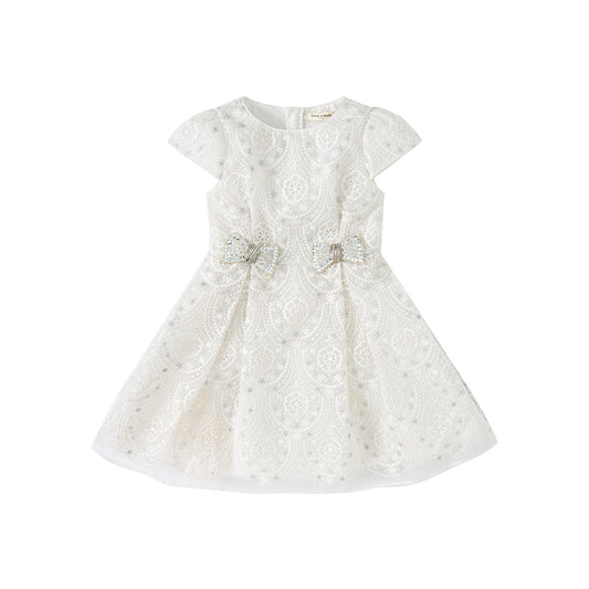 Dave&Bella Kids Girls Summer Elegant Beige Embroidered Haute Couture Mesh Dress