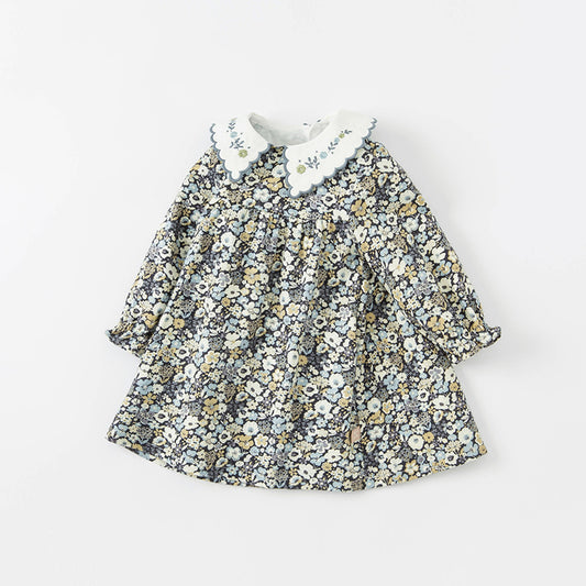 Dave&Bella Toddler Girls Autumn Sweet Cotton Grey Floral Print Casual A-line Dress