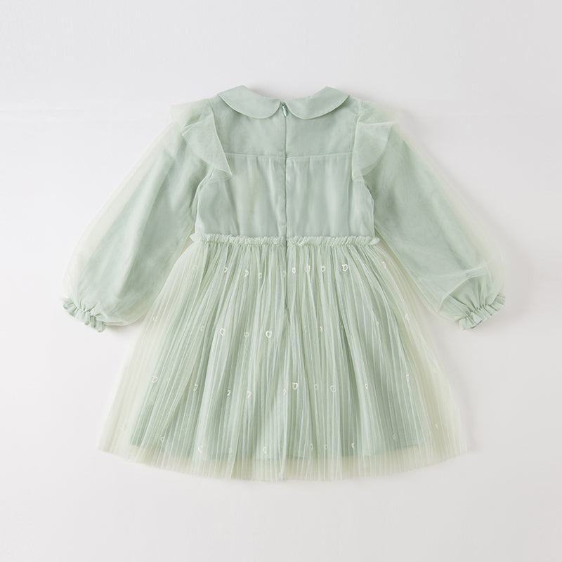 Dave&Bella Kids Girls Elegant Green Doll Collar Long Sleeve A-line Mesh Dress