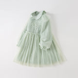 Dave&Bella Kids Girls Elegant Green Doll Collar Long Sleeve A-line Mesh Dress