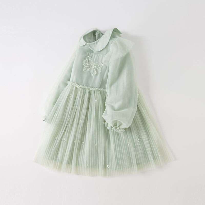 Dave&Bella Kids Girls Elegant Green Doll Collar Long Sleeve A-line Mesh Dress