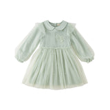 Dave&Bella Kids Girls Elegant Green Doll Collar Long Sleeve A-line Mesh Dress