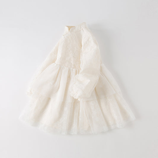 Dave&Bella Toddler Girls Autumn Elegant Chinese Style Beige Mesh A-line Dress