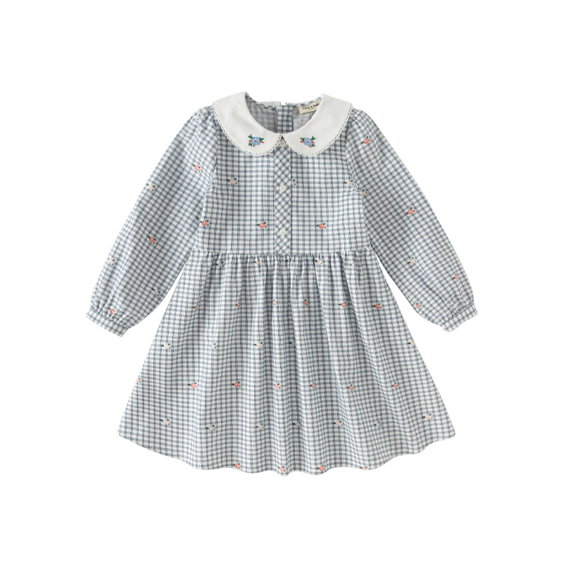 Dave&Bella Toddler Girls Autumn Sweet Cotton Blue Plaid Breathable Princess Dress