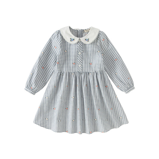 Dave&Bella Toddler Girls Autumn Sweet Cotton Blue Plaid Breathable Princess Dress