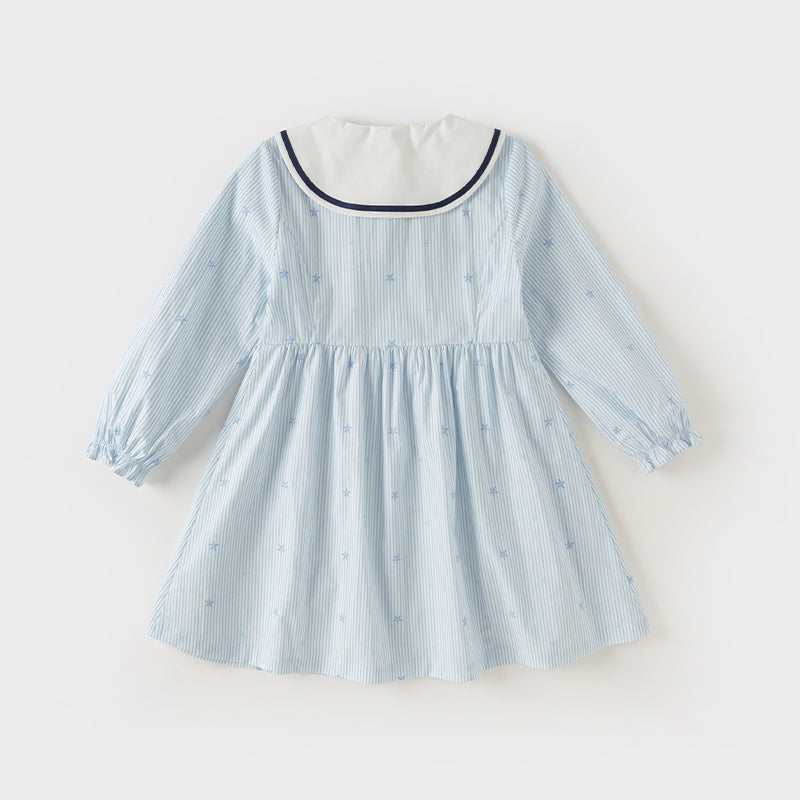 Dave&Bella Toddler Girls Blue White Striped School Breathable Cotton A-line Dress
